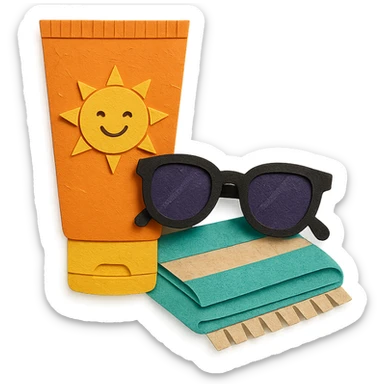 tube of sunscreen with a smiling sun, next to sunglasses and a towel, paper-craft style sticker