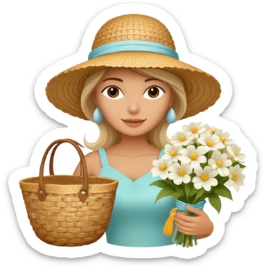 summer beautiful wicker hat, beach beige bag and bouquet of white flowers sticker