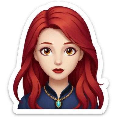 Chappell Roan (b.1998) with long dark red hair, makeup sticker