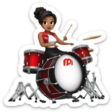alistic full body caucasian curvy beauty short black skirt front view knickers long white socks sitting playing red drumkit sticker