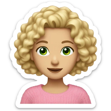Caucasian brunette girl with curly hair and green eyes and a pink sweater blonde hair  sticker
