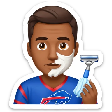 Man shaving face with razor and shaving cream with a buffalo bills shirt on sticker