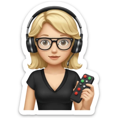 
gamer, woman with blond wavy hair, tight black dress with a white line with glasses, headphone, gamepad sticker