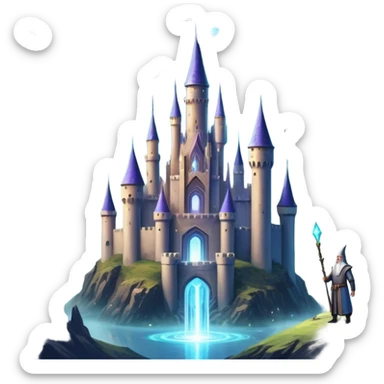 Icon for Fantasy and Sci-Fi Movies: A magical collage with flying dragons and futuristic spaceships. Stars and planets shimmer in the background with a mystical castle Hogvards and an ancient wizard holding a staff. The atmosphere is epic, otherworldly and adventurous. Transparent background. sticker