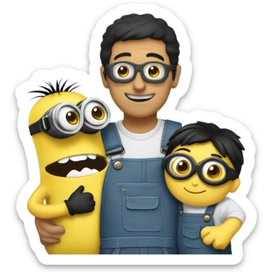 black hair men hugging a minion  sticker