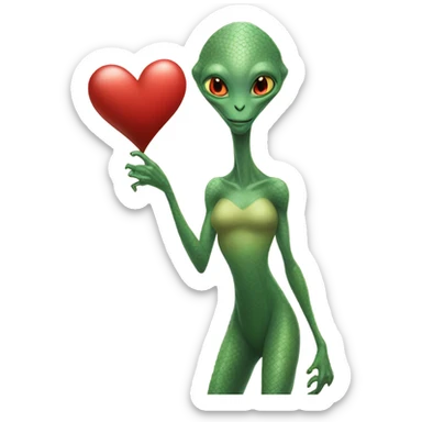 a Reptilian alien tall woman full body, holding big red heart sticker