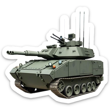 Stryker M1126 (2020) – Cinematic-realistic Stryker M1126 armored personnel carrier, its dark grey-green hull speeding down a war-torn street. The eight large wheels grip the cracked pavement as infantry hunker inside, the turret-mounted .50 cal machine gun scanning rooftops for threats under the eerie glow of distant fires. sticker