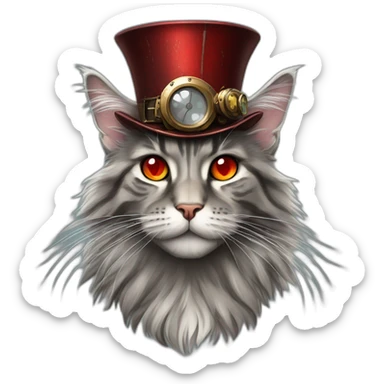 a grey tabby maine coon with red eyes wearing a steampunk hat sticker
