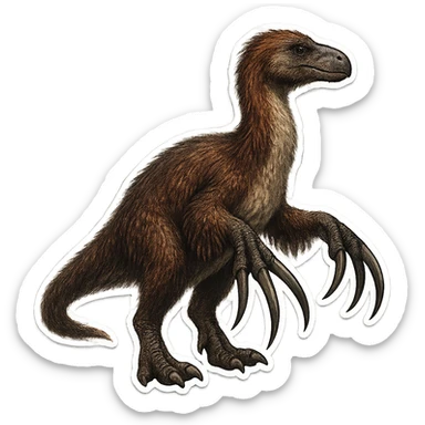 Make the therizinosaurus sticker more realistic with detailed feathers and large claws, still in sticker style. Remove the background. sticker