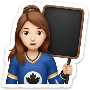 Girl hockey fan with brown long hair holding a large blank sign sticker