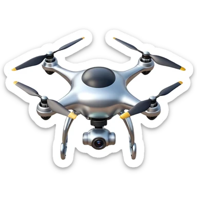 A futuristic drone emoji made of polished silver chrome, smooth rounded body, minimal propellers, reflective metallic surface, soft studio lighting, iOS emoji style, centered, clean white background sticker