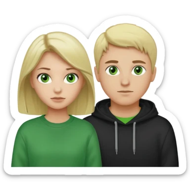 a couple in love: a girl with dark hair, green eyes, and a gray sweatshirt, and a guy with light green eyes, blond hair, and a black sweatshirt sticker