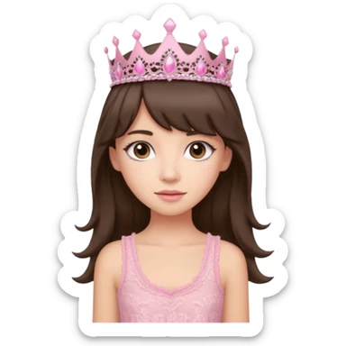 long haired brunette with curtain bangs cute pink lacy tank with a pink tiara on head, white but with a little bit of tan sticker
