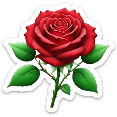 Cinematic Realistic Rose Emoji, Elegant and full of grace, with velvety, deep red petals unfurling in a perfect bloom, dew drops glistening on the soft edges, and a faint fragrance hanging in the air. The lush green leaves surround the stem, creating a vibrant contrast to the rich color of the petals. Soft glowing outline, capturing the essence of timeless beauty and romance in a single bloom. sticker