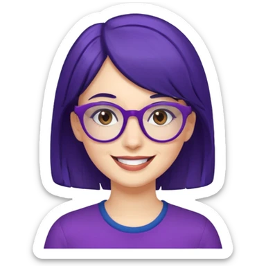 Cartoon adult woman with purple glasses, brown eyes, and dark blue medium length hair sticker