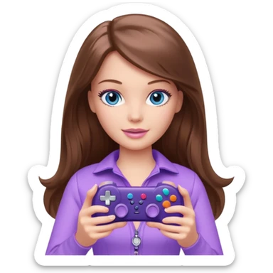 beautiful barbie girl with long brown hair, blue eyes and wearing light purple clothes playing console games with controller sticker
