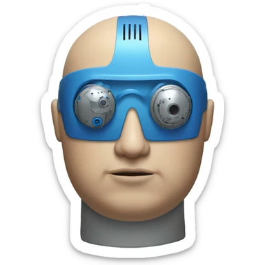Fat bald cyborg head with tan skin, blue beard, blue goggles and circuits sticker