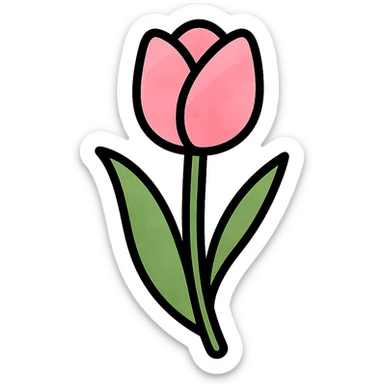 single soft pink tulip with watercolor petals, green stem, curved soft leaves, elegant hand-painted style, color icon with black outlines sticker