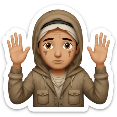 surrenders, portray an authentic 1980 Iraqi with a sad face and raised hands sticker