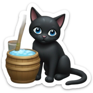 a black cat with blue eyes who sits in a village bathhouse with an oak broom and drinks kvass sticker