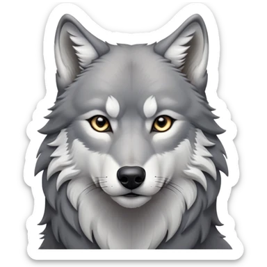 cinematic-noble-realistic-wolf-portrait-emoji,-poised-and-regal,-with-a-strong,-lean-build-and-a-sleek,-well-groomed-fur-of-grey-and-white,-deep-set-soulful-piercing-eyes,-simplified-yet-sharp-and-sophisticated-features,-highly-detailed, zoomed out showing shoulders sticker