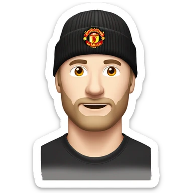 a white-skinned man without a mustache and beard in a red Manchester United football club T-shirt. He wears a black winter hat without logos on his head. Two horns protrude from his forehead sticker