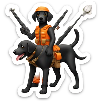 Dark Black lab in orange hunting gear holding rifle sticker