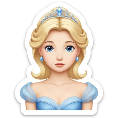 Cinematic Timeless Cinderella Portrait Emoji, rendered in a realistic, simplified vector style. Depict a classic Cinderella with delicate fair skin, beautifully styled blonde hair, and a calm, content expression, dressed in her iconic gown. The design is highlighted by a soft glowing outline and gentle, enchanting luminosity, capturing the essence of pure fairy-tale elegance. sticker