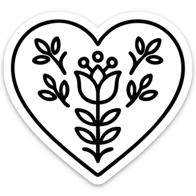 red heart with Slavic folk art nature motif, bright folk colors, simple and bold, black outline around the motif, gold border around heart, motif is clear at small size sticker