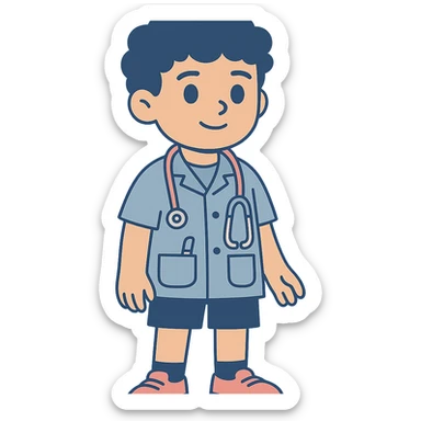 stylized 2D game character of a young boy doctor, 8–10 years old, curly brown hair, big brown eyes, light blue pediatrician shirt with pockets (pen and tongue depressor), pink and silver stethoscope, blue shorts, red sneakers, black socks, soft lighting, vibrant, wholesome, friendly, educational game vibe sticker