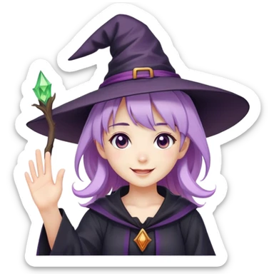 anime girl with lilac hair in a witch hat waving and smiling sticker
