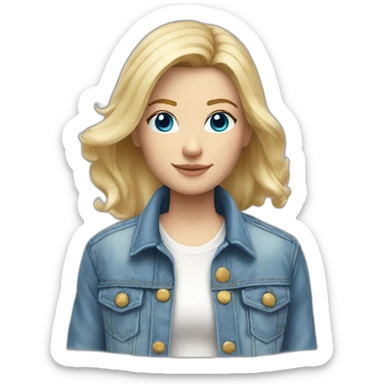 caucasian square cut blonde hair blue eyes white top jean jacket sticker