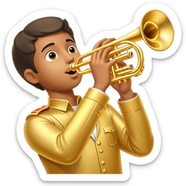 Cinematic Realistic Trumpet, polished brass with warm golden reflections, intricate valve details subtly highlighted, soft hands pressing the keys, glowing with bold and triumphant musical energy. sticker