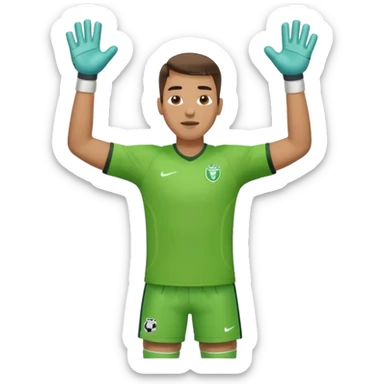 goalkeeper, standing, wearing a green shirt, shorts, socks and football trainers, with arms raised sticker