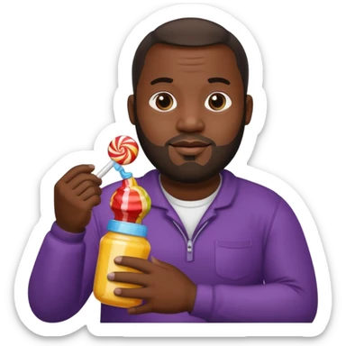 Big black man hold a  baby bottle and a lollipop sticker