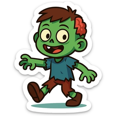 zombie boy, cartoonish, greenish skin, tattered clothes, playful expression sticker