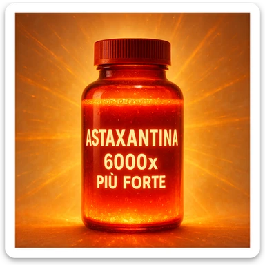 hyper realistic astaxanthin with glow effect and orange, luminous red bottle, text '6000x più forte', energetic atmosphere, light background sticker