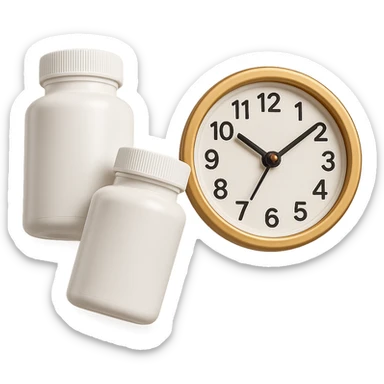 DUE BOCCETTE DI INTEGRATORI BIANCHE FLUTTUANO IN ARIA INSIEME AD UN OROLOGIO DA MURO IN STILE EMOJI IPHONE, IPERREALISTICA 4K sticker