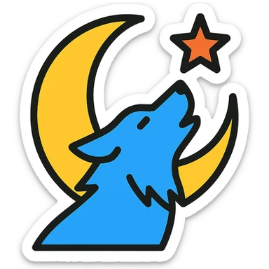 a stylized wolf silhouette with a moon and star in the background sticker
