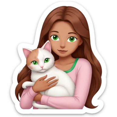 woman with very long brown hair and green eyes in a light pink outfit hugging a white cat sticker