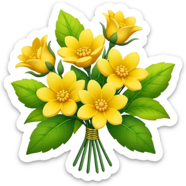 Generate a high-quality image of a bouquet of flowers dominated by yellow blooms, with a mix of green leaves, realistic colors and shading, smooth gradient colors, no human figures, no facial features, no brand markings, simple white background, high-resolution.
 sticker