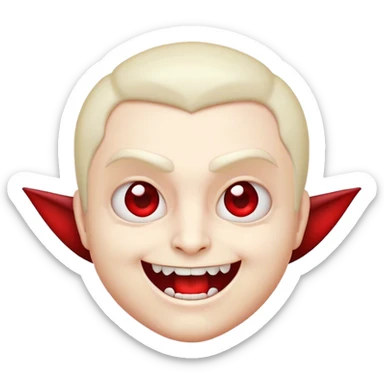 Cinematic Cute Vampire Portrait Emoji, with a refined yet playful small, rounded pale face accented by tiny, cute fangs and bright, twinkling eyes, sporting miniature elegant dark attire with a hint of crimson, simplified yet irresistibly charming, highly detailed with a soft glowing outline that captures the delightful duality of spooky sweetness and stylish allure! sticker