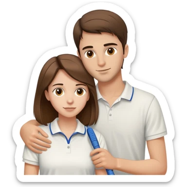 Девушка, 27 лет, длинные волосы каштанового цвета, и парень, 30 лет, стрижка теннис каштанового цвета, обнимаются. sticker