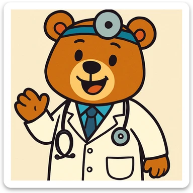 bear doctor, cartoon style, wearing a white coat and stethoscope, cheerful, vibrant toon style sticker