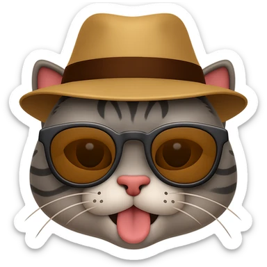 Edit the image of a cat wearing sunglasses with a hat with a playful expression in an emoji style. Remove the background and keep the playful and cool vibe with sunglasses and a hat, resembling an emoji look. sticker