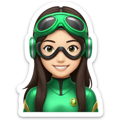 green Power Ranger, Asian girl with long straight dark brown hair, side part, big smile, scuba goggles sticker