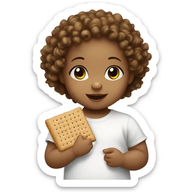 A white baby girl with curly hair eating a graham cracker sticker