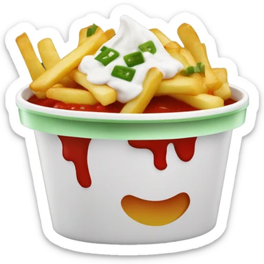 Fries with sour cream and chives on top and a sweet chilli sauce on top in a medium tub that is green and red sticker