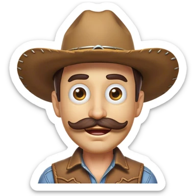 Clash of Clans aesthetic Comical Cowboy Portrait Emoji, Head tilted dramatically with an exaggerated, fun expression and wide, comically expressive eyes, featuring a rugged yet cartoonish build with a playful cowboy hat and quirky mustache, his natural skin tone evident, Simplified yet hilariously expressive features, highly detailed, glowing with a slightly sassy western glow, high shine, dramatic yet playful, stylized with an air of cheeky frontier mischief, soft glowing outline, capturing the essence of a meme-worthy cowboy bringing humor to epic quests! sticker