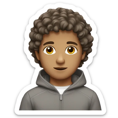 Boy with brown wavy hair, brown eyes, and a grey tracksuit sticker